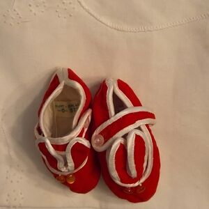 Red Vintage velvet baby shoes with bunny ears Baby Shoes with White Trim. Size 0